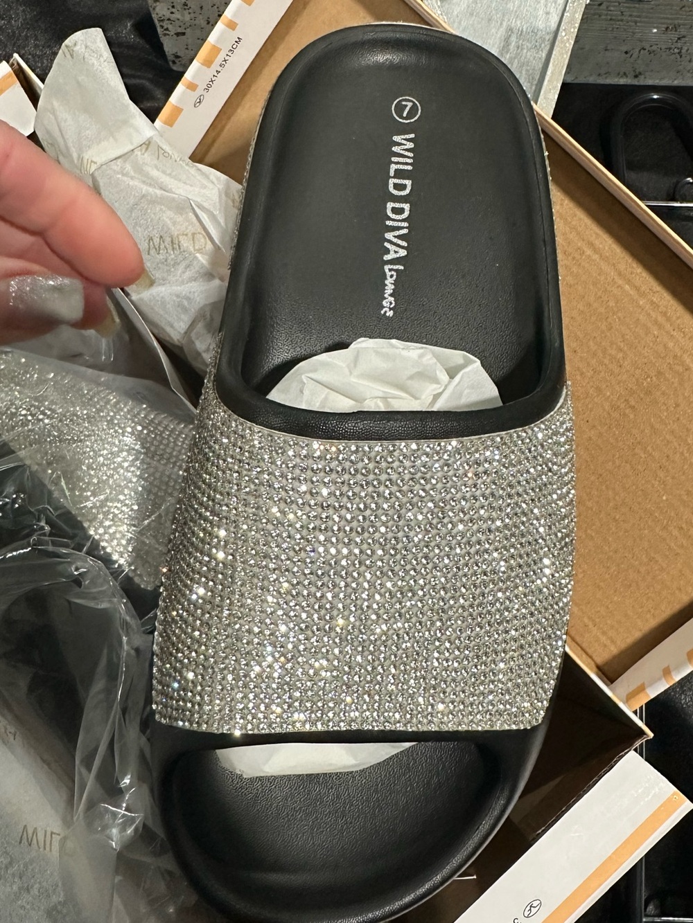 DIVA Lounge Crystal-Embellished Silver Slide Sandals